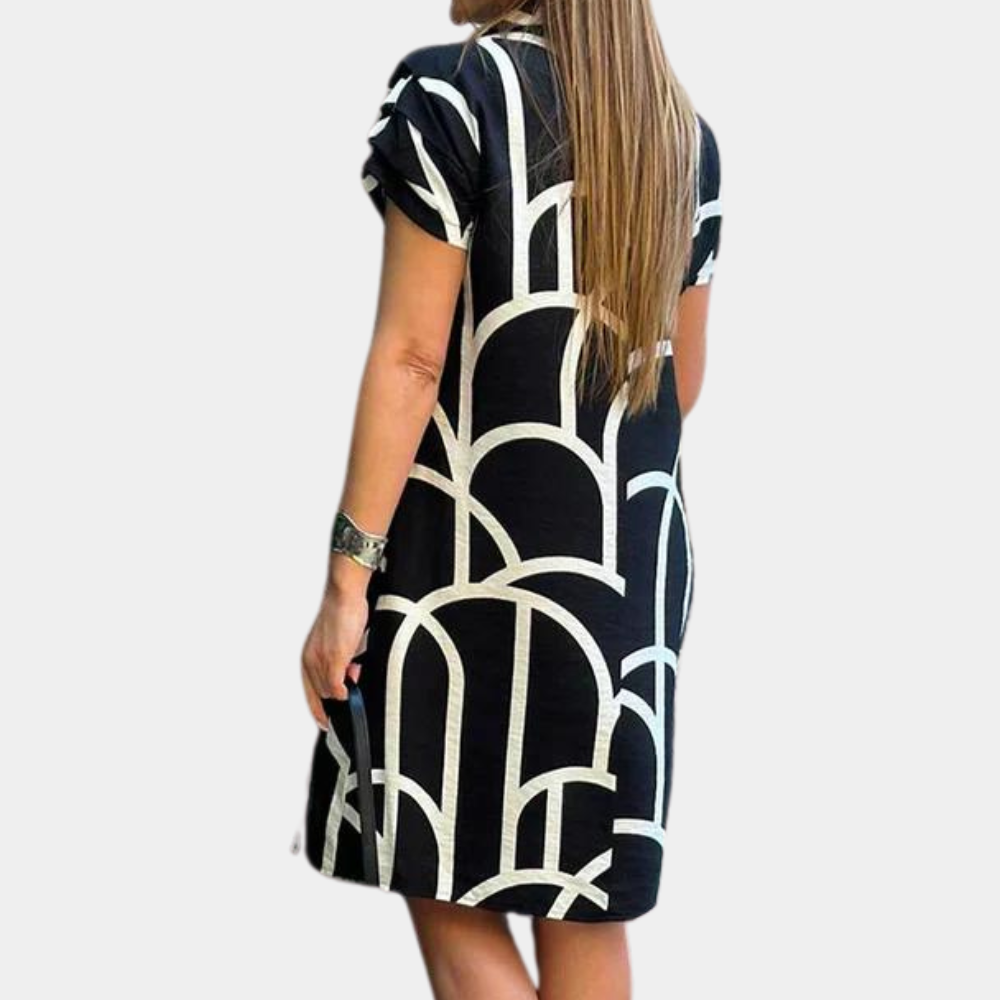 Women's A-Line Dress - Geometric Pattern - Short Sleeve - Collared Neck - Casual Fit