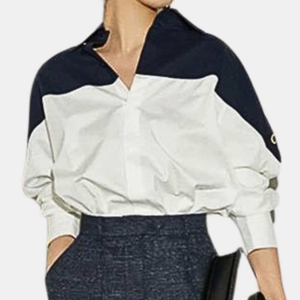 Women's Blouse - Two-Tone Design - Relaxed Fit - Long Sleeve - Button Cuff Elegant Style