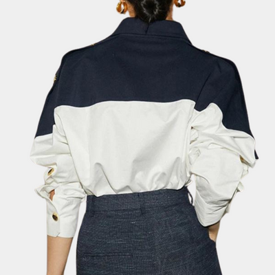 Women's Blouse - Two-Tone Design - Relaxed Fit - Long Sleeve - Button Cuff Elegant Style