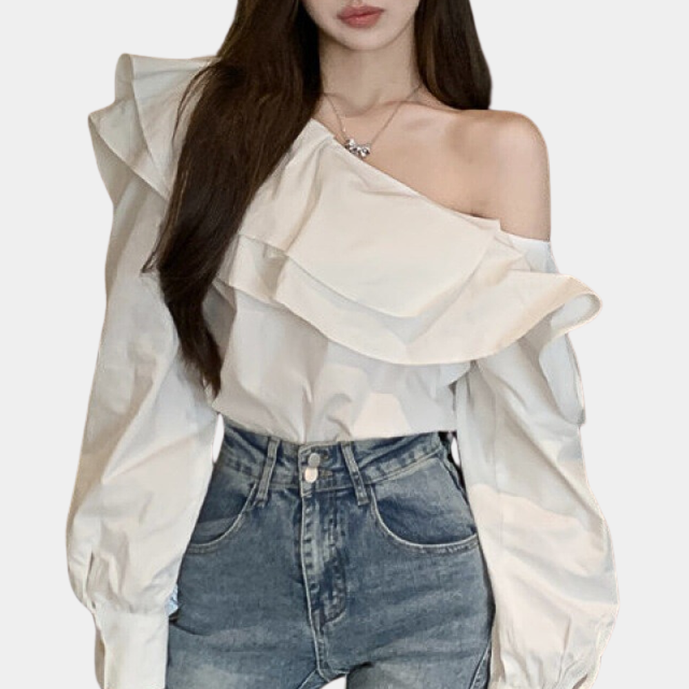 Women's Off-Shoulder Blouse - Ruffled Neckline - Long Sleeve - Loose Fit Elegant Style