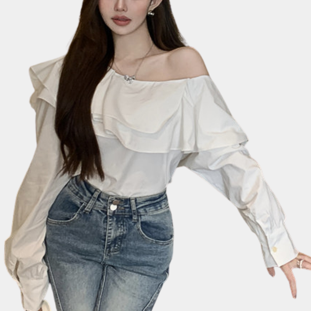 Women's Off-Shoulder Blouse - Ruffled Neckline - Long Sleeve - Loose Fit Elegant Style