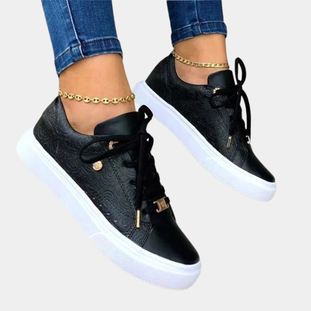 Women's Fashion Sneakers - Low-Top - Embossed Floral Pattern - Lace-Up Casual Wear