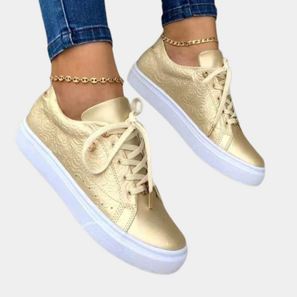 Women's Fashion Sneakers - Low-Top - Embossed Floral Pattern - Lace-Up Casual Wear