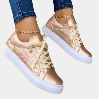 Women's Fashion Sneakers - Low-Top - Embossed Floral Pattern - Lace-Up Casual Wear