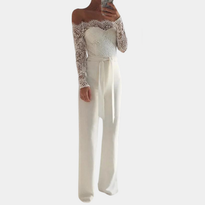 Women's Lace Off-Shoulder Jumpsuit - Long Sheer Sleeves - Slim Fit - Belted Waist