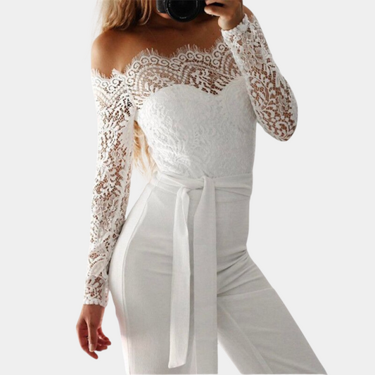 Women's Lace Off-Shoulder Jumpsuit - Long Sheer Sleeves - Slim Fit - Belted Waist