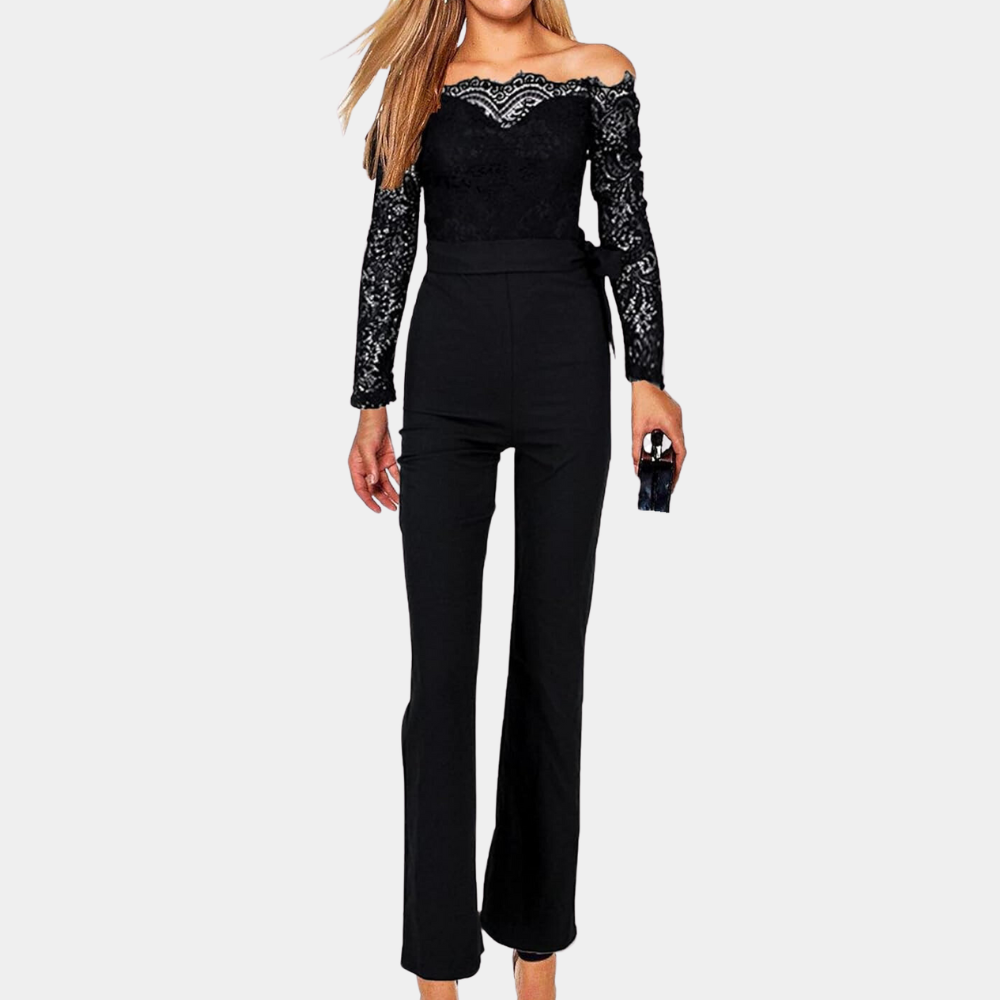 Women's Lace Off-Shoulder Jumpsuit - Long Sheer Sleeves - Slim Fit - Belted Waist