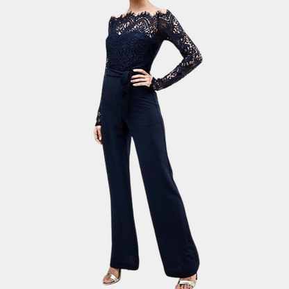 Women's Lace Off-Shoulder Jumpsuit - Long Sheer Sleeves - Slim Fit - Belted Waist