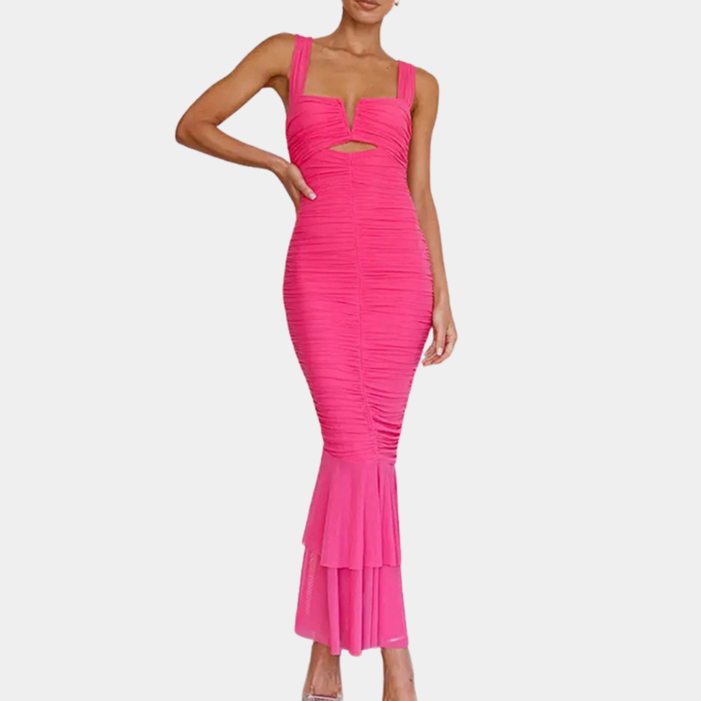 Women's Bodycon Maxi Dress - Ruched Sheath Fit - Cutout Neckline - Mermaid Hem