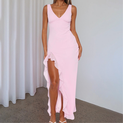 Women’s Evening Dress – Slim Fit – V-Neck Sleeveless – High Slit – Luxury Fabric