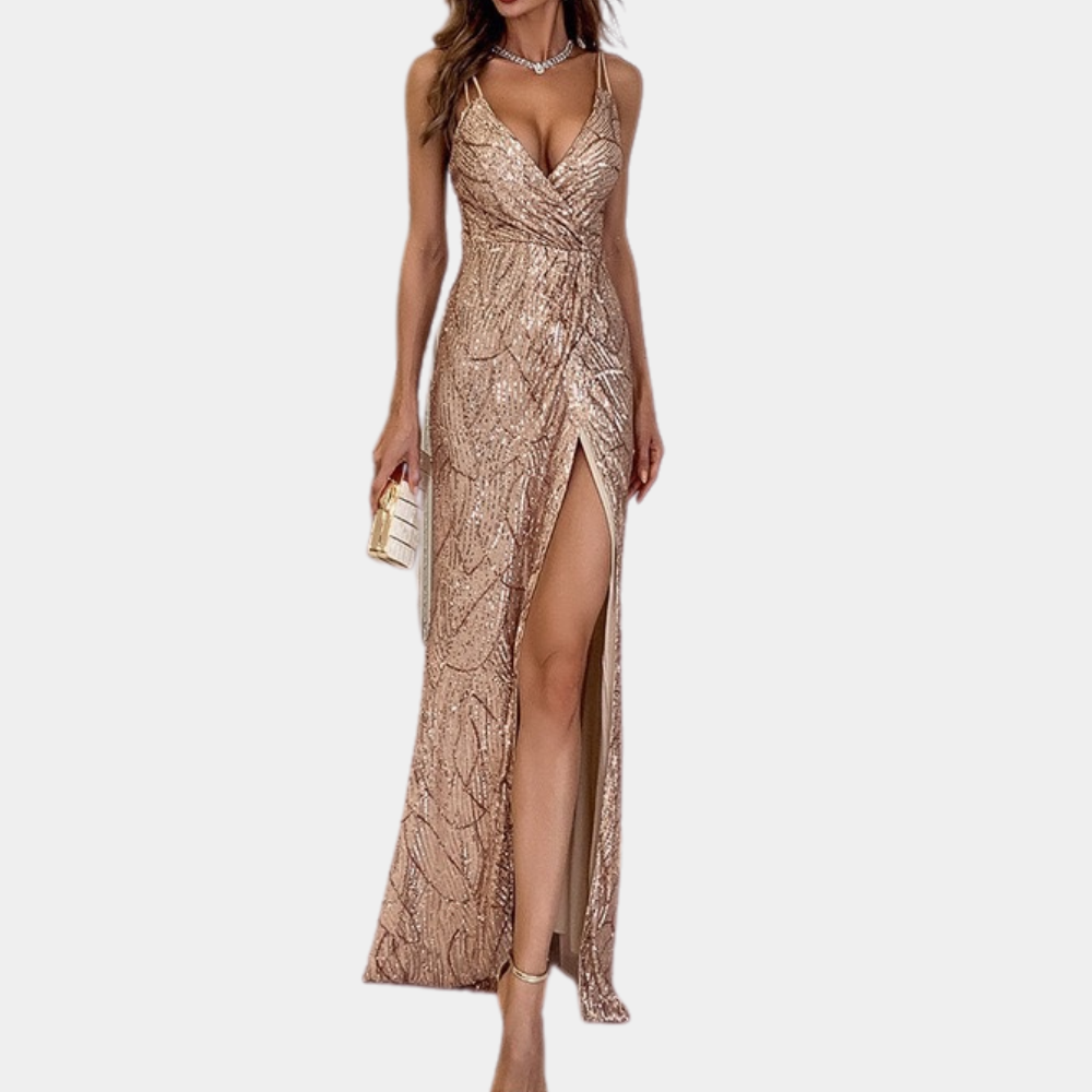 Women's Evening Gown - Sequin Embellished - Floor-Length - V-Neck - High Slit