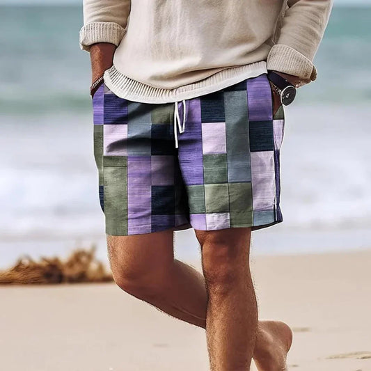 Men’s Shorts – Relaxed Fit – Geometric Print – Drawstring Waist – Breathable Blend
