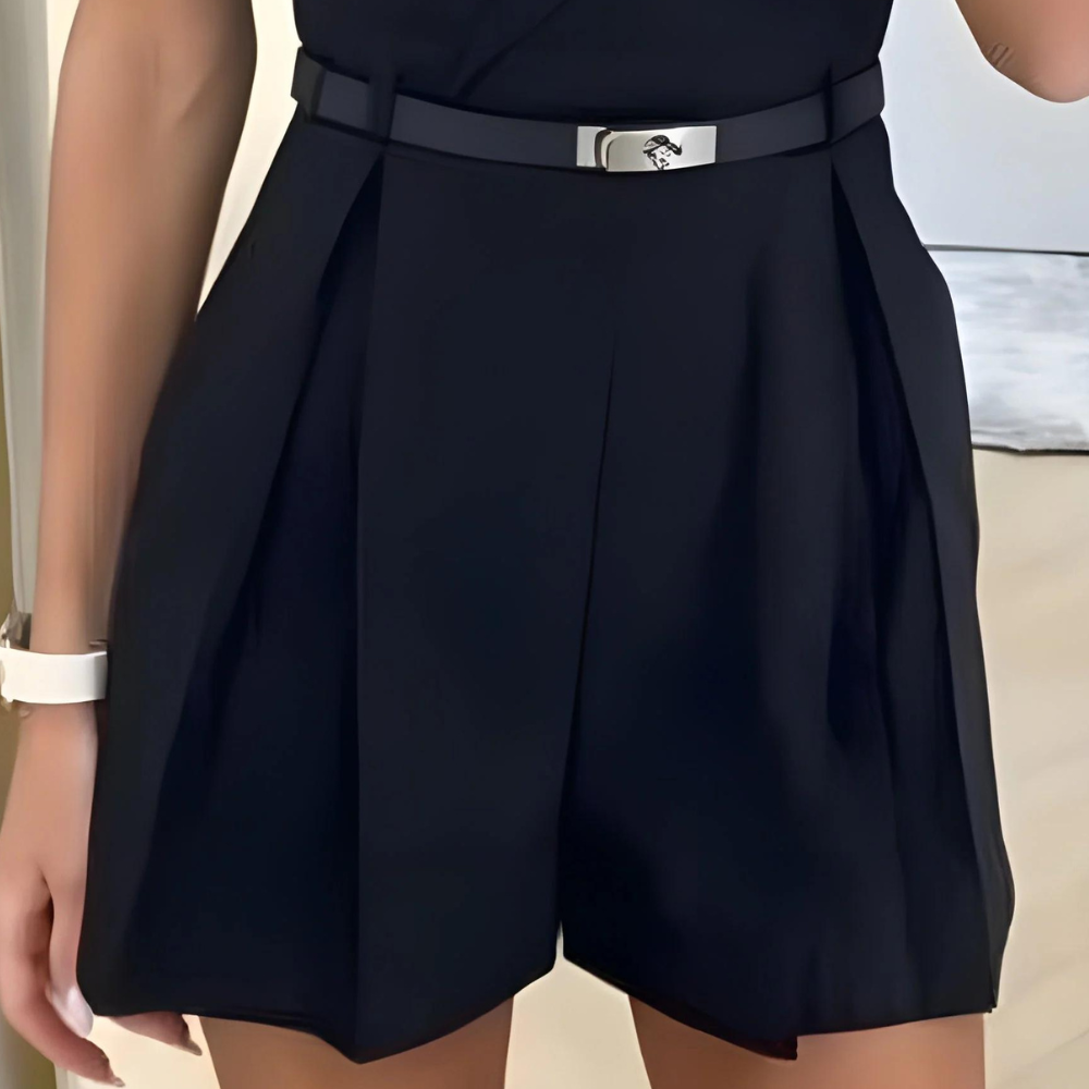 Women's Sleeveless Romper - Wrap V-Neck - Belted Waist - Pleated Shorts - Tailored Fit