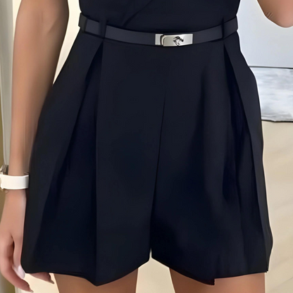 Women's Sleeveless Romper - Wrap V-Neck - Belted Waist - Pleated Shorts - Tailored Fit