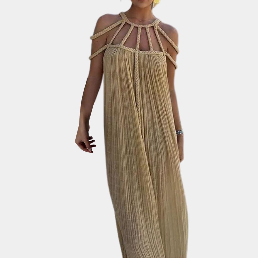 Women's Maxi Dress - Halter Neck - Braided Strap Detailing - Flowy Pleated Design