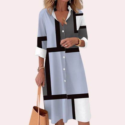 Women's Shirt Dress - Geometric Pattern - 3/4 Sleeve - Button-Down Knee-Length Casual Wear