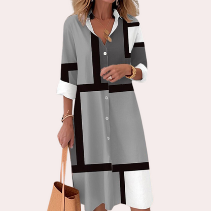 Women's Shirt Dress - Geometric Pattern - 3/4 Sleeve - Button-Down Knee-Length Casual Wear