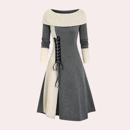 Women's Fit-and-Flare Dress - Off-Shoulder - Ribbed Collar & Cuffs - Lace-Up Side