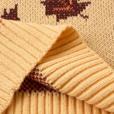 Women's Knitted Sweater - Leaf Pattern - Round Neck - Long Sleeve - Ribbed Cuffs