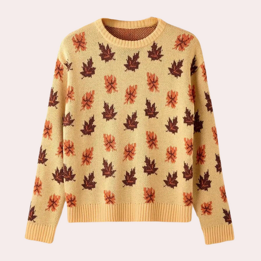 Women's Knitted Sweater - Leaf Pattern - Round Neck - Long Sleeve - Ribbed Cuffs