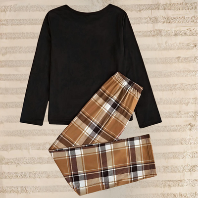 Women's Pyjama Set - Long Sleeve Crew Neck Top - Plaid Loose Fit Trousers - Soft Loungewear