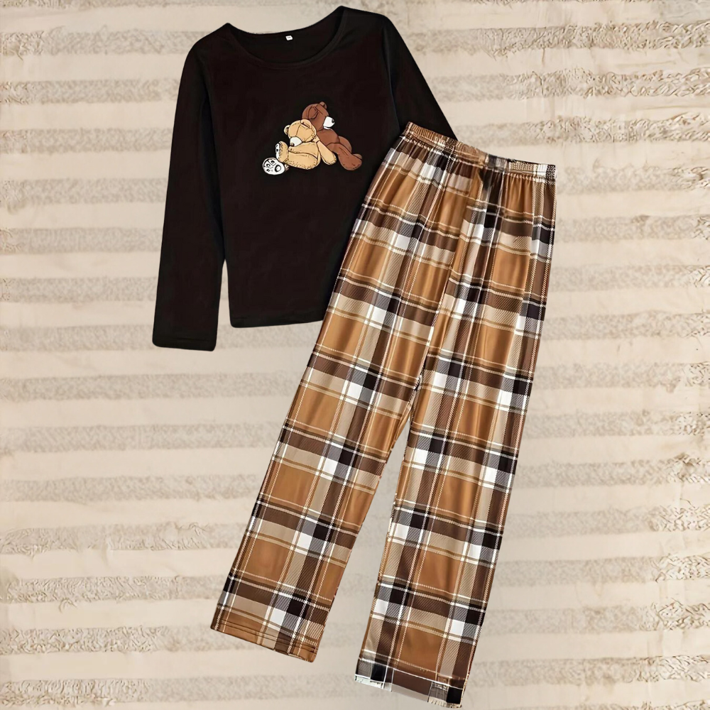 Women's comfortable crew neck top and checkered pants ensemble