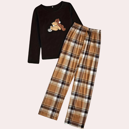 Women's comfortable crew neck top and checkered pants ensemble