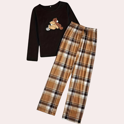 Women's Pyjama Set - Long Sleeve Crew Neck Top - Plaid Loose Fit Trousers - Soft Loungewear