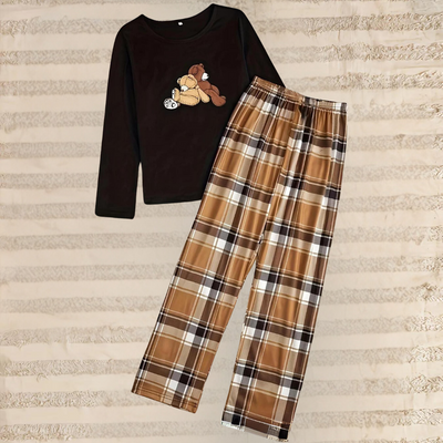 Women's Pyjama Set - Long Sleeve Crew Neck Top - Plaid Loose Fit Trousers - Soft Loungewear