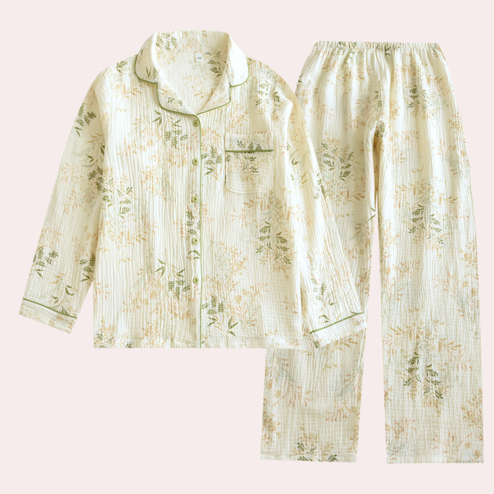 Women's Cotton Pyjama Set - Long Sleeve Button-Up Top - Elastic Waist Trousers