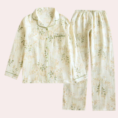 Women's Cotton Pyjama Set - Long Sleeve Button-Up Top - Elastic Waist Trousers