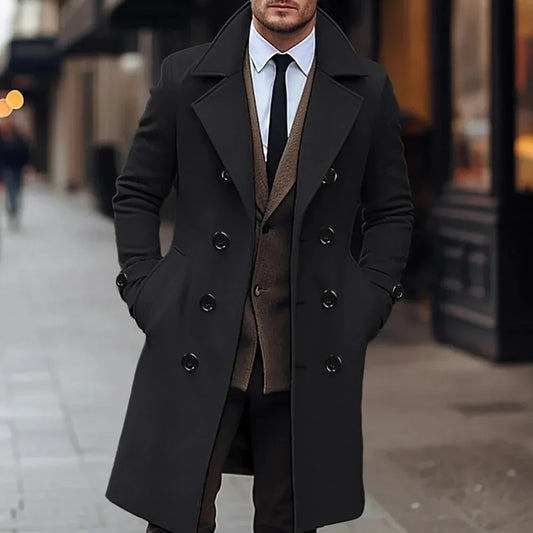 Men’s Overcoat – Tailored Fit – Wool Blend – Double-Breasted – Formal Knee Length