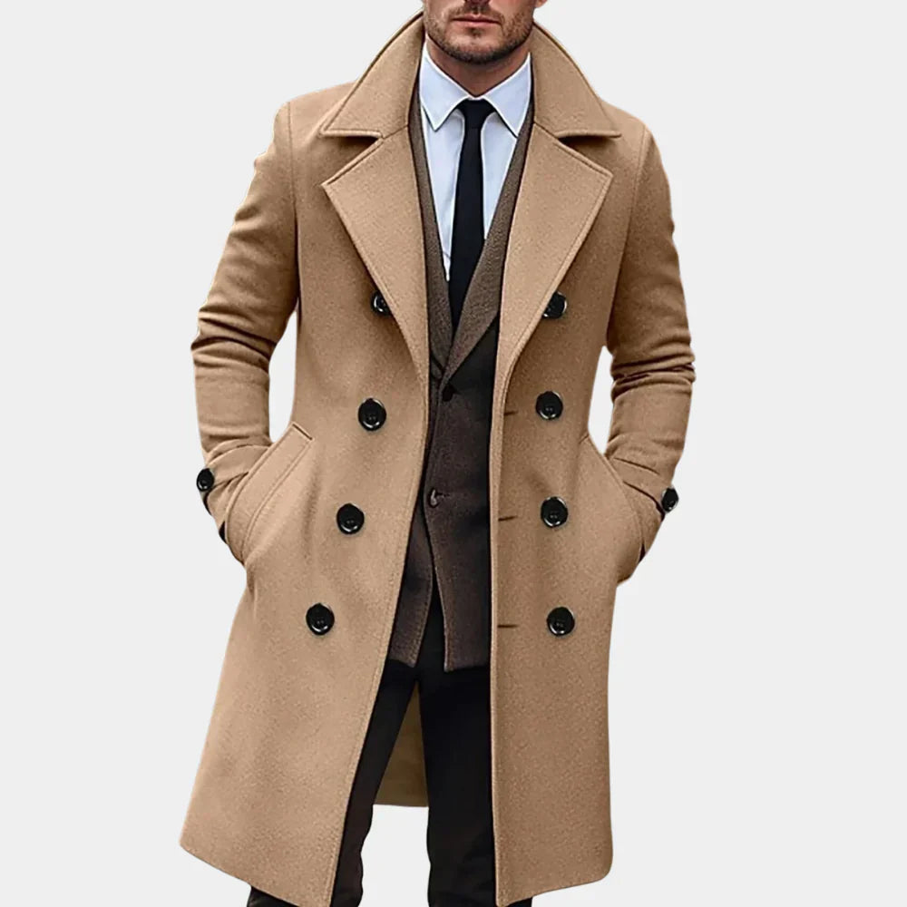 Men’s Overcoat – Tailored Fit – Wool Blend – Double-Breasted – Formal Knee Length