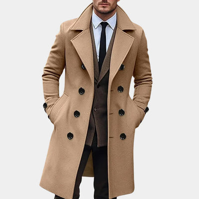 Men’s Overcoat – Tailored Fit – Wool Blend – Double-Breasted – Formal Knee Length