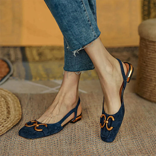 Women's Slingback Flats - Pointed Toe - Suede-Like Material - Buckle Detail - Low Heel