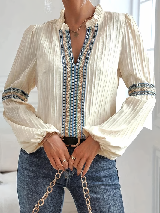 Women’s Blouse – Relaxed Fit – Lace Trim – Ruffled Collar – Pleated Long Sleeve