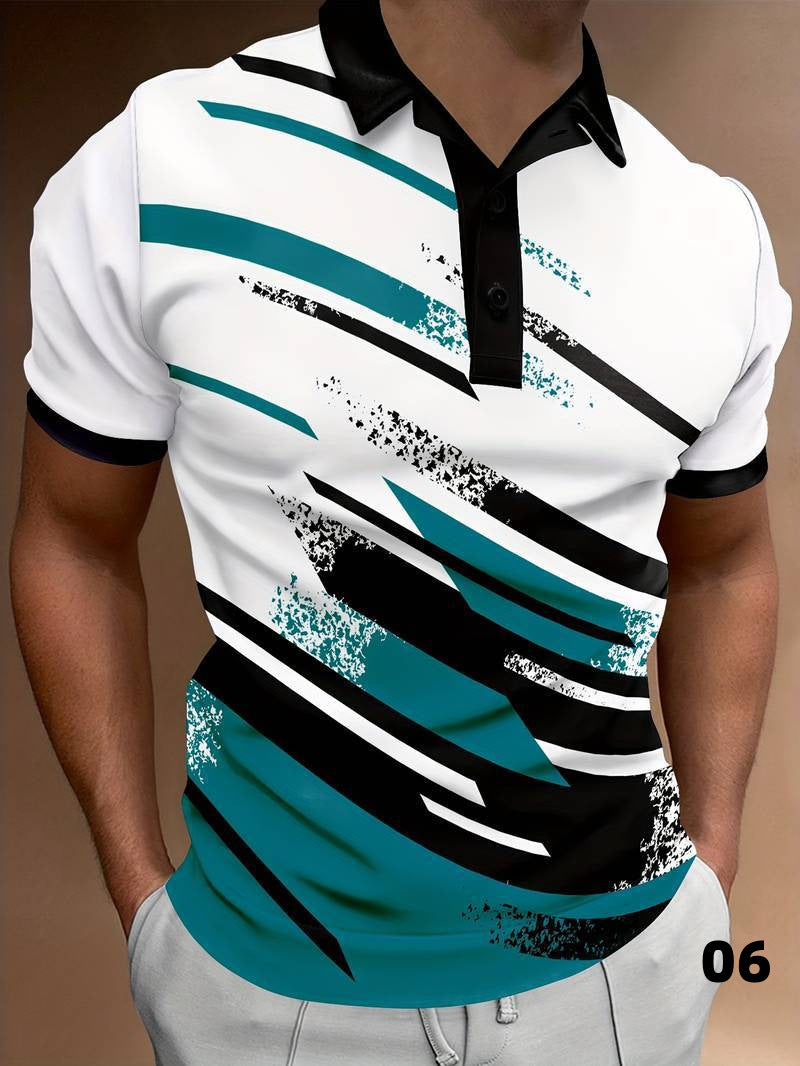 Men’s Polo Shirt - Modern Abstract Print - Short Sleeve - Button Placket - Casual Fit