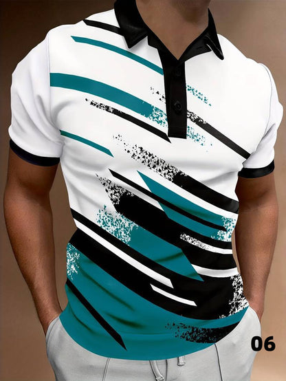 Men’s Polo Shirt - Modern Abstract Print - Short Sleeve - Button Placket - Casual Fit