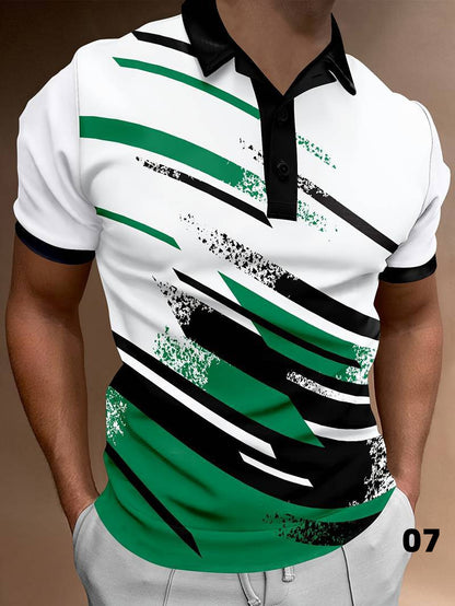 Men’s Polo Shirt - Modern Abstract Print - Short Sleeve - Button Placket - Casual Fit