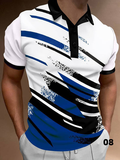 Men’s Polo Shirt - Modern Abstract Print - Short Sleeve - Button Placket - Casual Fit