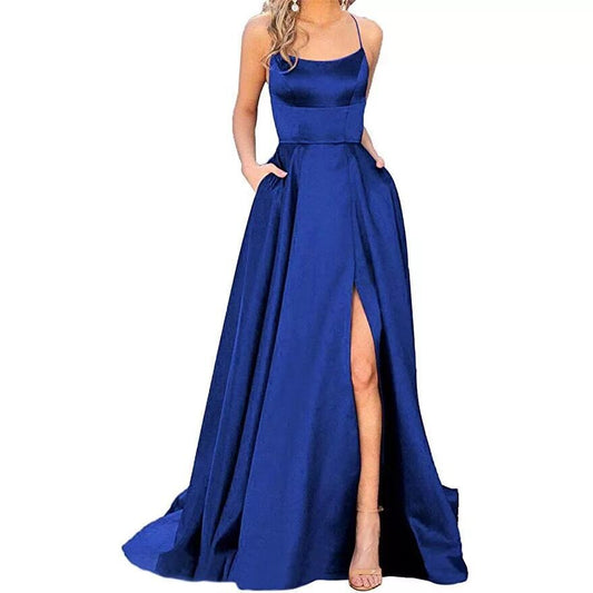 Women’s Maxi Dress – Slim Fit Bodice – Flowing Skirt – Spaghetti Straps – Side Slit
