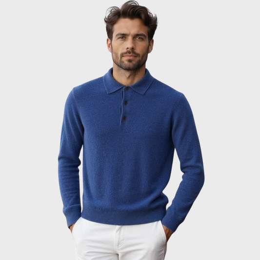 Men’s Polo Sweater – Merino Wool – Standard Fit – Button Placket – Ribbed Trim
