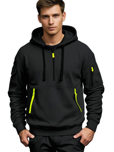 Men’s Hoodie – Relaxed Fit – Cotton – Half Zip – Utility Zipper Details – Drawstring Hood