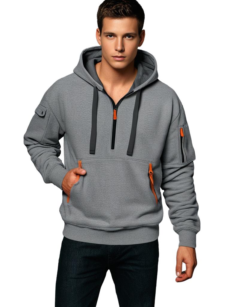 Men’s Hoodie – Relaxed Fit – Cotton – Half Zip – Utility Zipper Details – Drawstring Hood