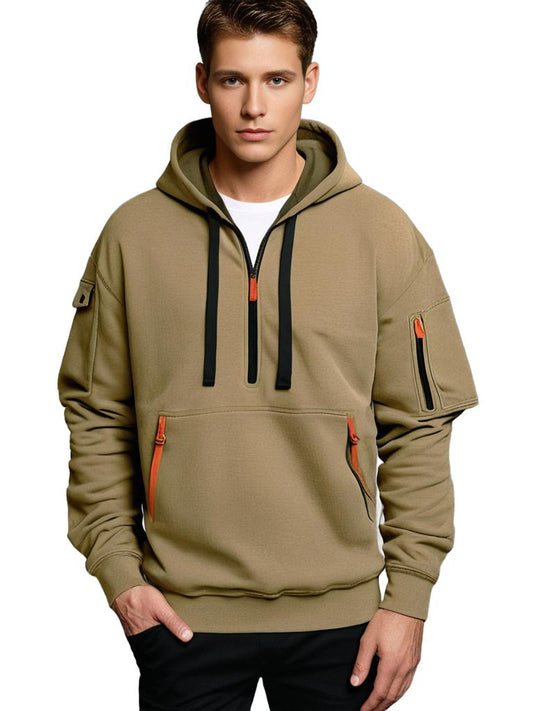 Men’s Hoodie – Relaxed Fit – Cotton – Half Zip – Utility Zipper Details – Drawstring Hood