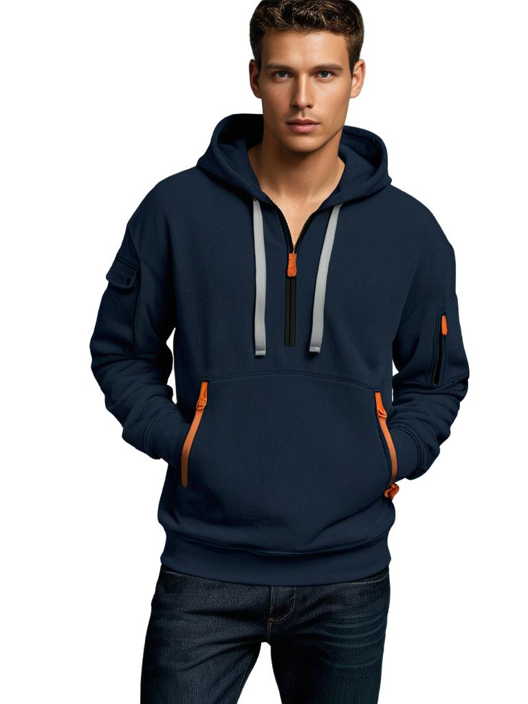 Men’s Hoodie – Relaxed Fit – Cotton – Half Zip – Utility Zipper Details – Drawstring Hood