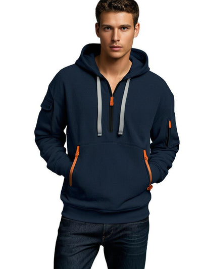 Men’s Hoodie – Relaxed Fit – Cotton – Half Zip – Utility Zipper Details – Drawstring Hood