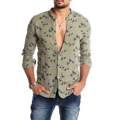 Men’s Long-Sleeve Shirt - Bird Print - Mandarin Collar - Breathable Casual Fit