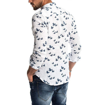 Men’s Long-Sleeve Shirt - Bird Print - Mandarin Collar - Breathable Casual Fit