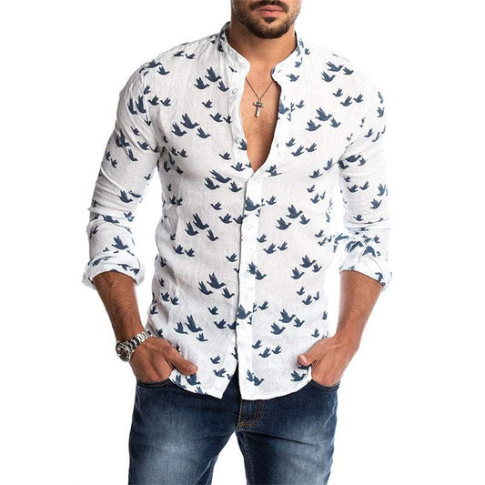 Men’s Long-Sleeve Shirt - Bird Print - Mandarin Collar - Breathable Casual Fit